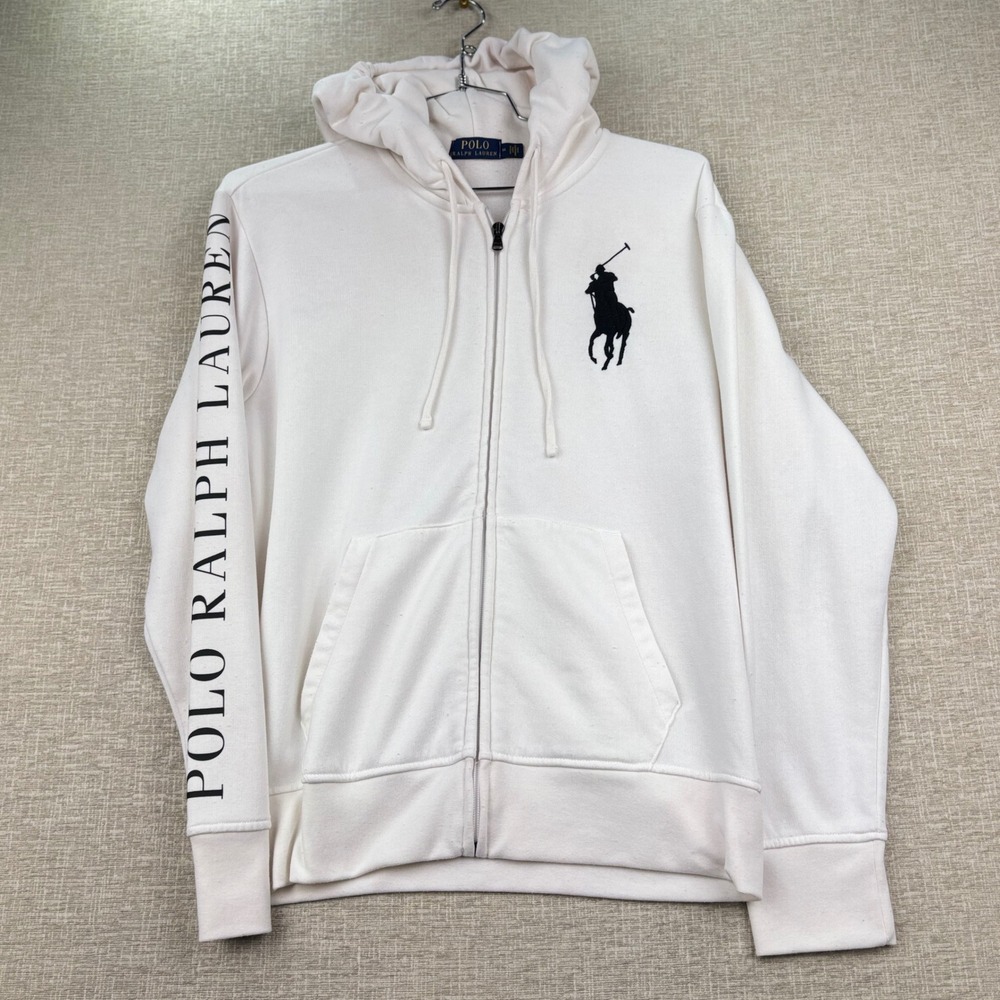 Polo Ralph Lauren Men's M.  Big Pony Full Zip Hoodie White Black Logo Vintage